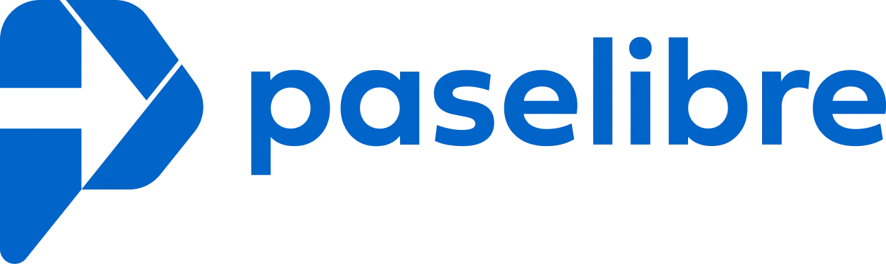 Logo azul de Pase Libre con un símbolo estilizado a la izquierda y el texto 'paselibre' a la derecha.