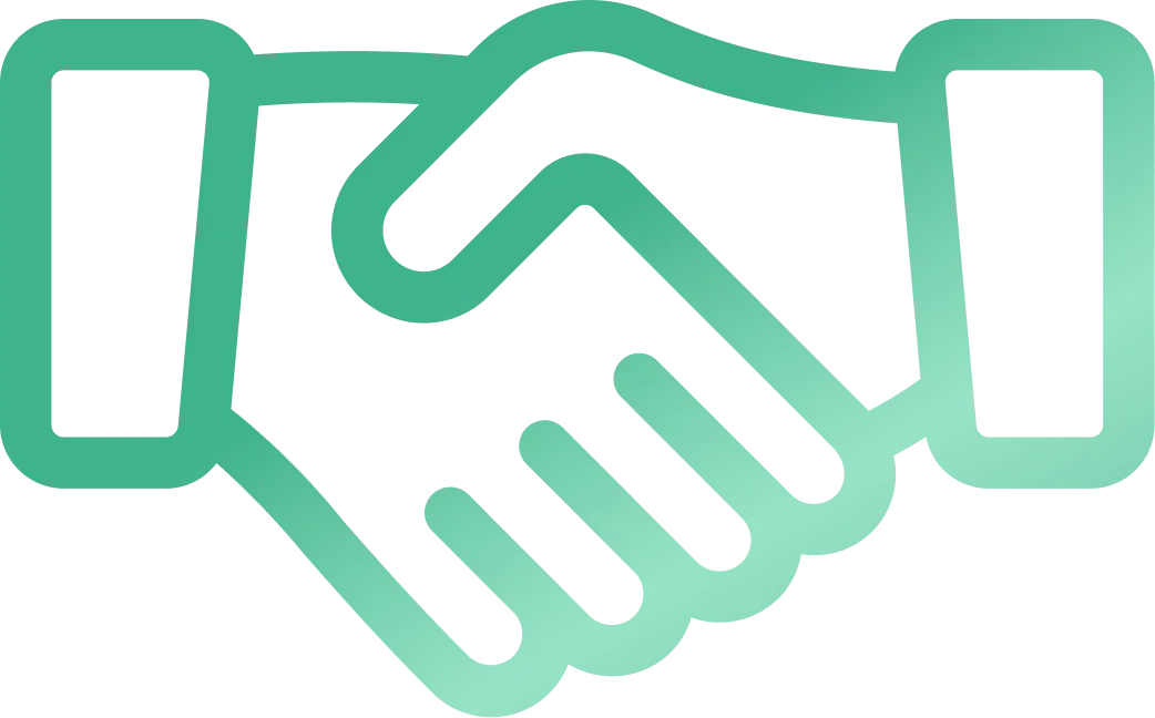 Icono de dos manos dándose un apretón de manos en degradado verde.