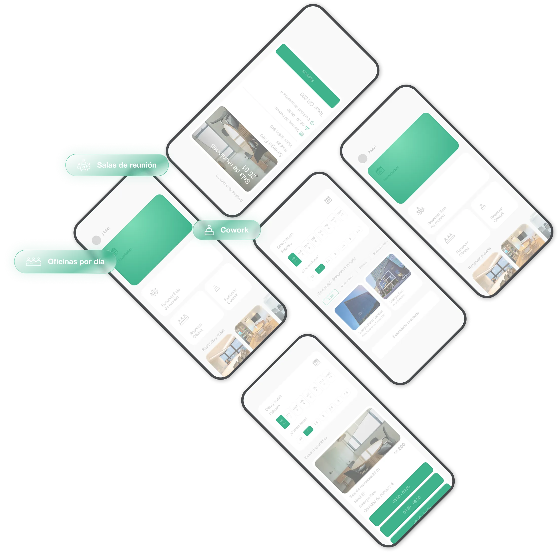 Pantallas de la app de Sinergia para reservar espacios de trabajo On Demand