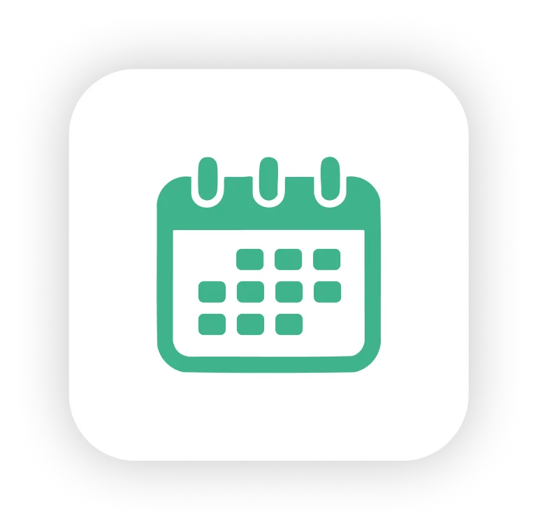 Icono de calendario verde con fechas marcadas sobre fondo blanco. Oficinas Blend en Sinergia