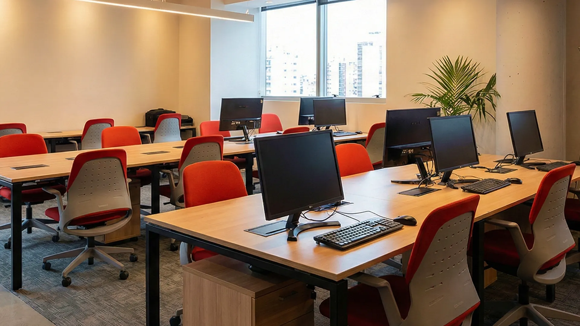 Oficina lista con varias estaciones de trabajo equipadas con computadoras y sillas rojas.