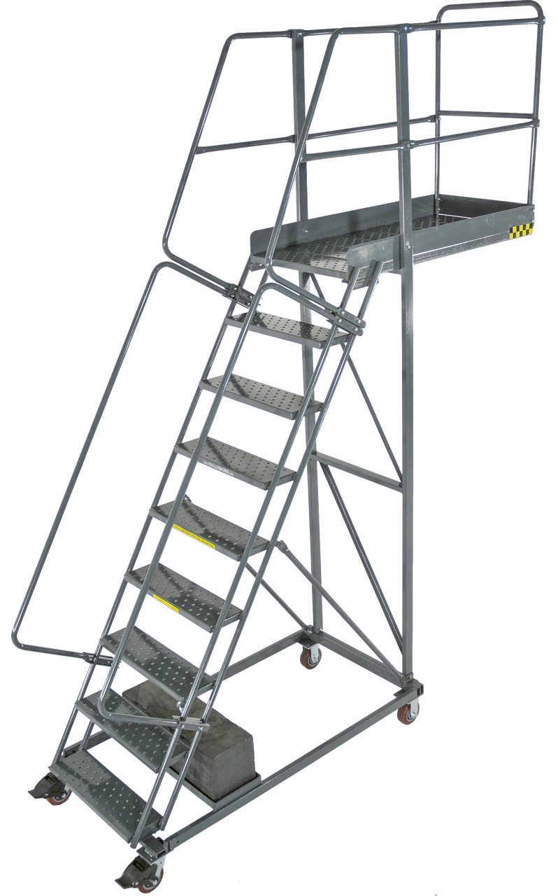Heavy-duty silver 9-step rolling ladder with safety handrails and non-slip steps, ideal for warehouse and industrial use