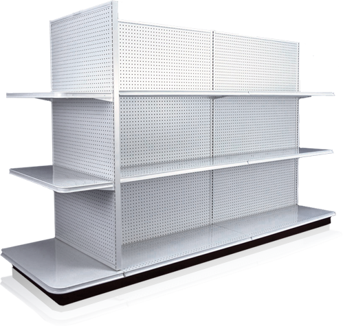 White double-sided Lozier gondola shelving unit with adjustable shelves and pegboard backing for retail store merchandising display