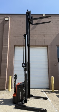 Side view of Noblelift PS35TSL-169 Straddle-Leg Walkie Electric Stacker for efficient warehouse pallet lifting