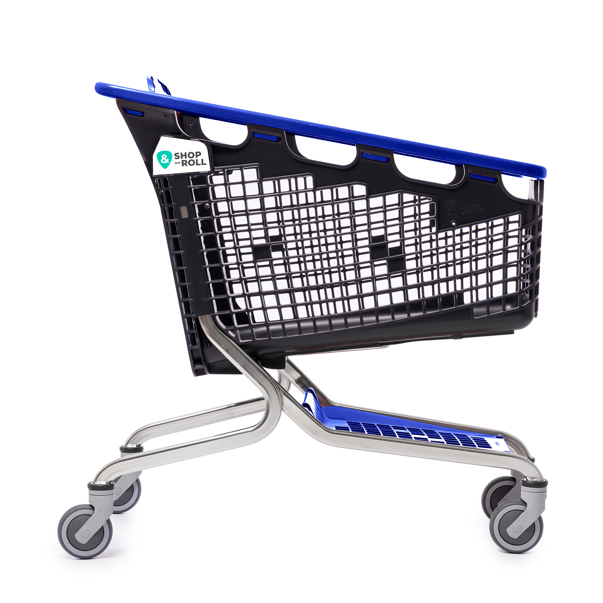 Blue and black lightweight shopping cart with Tente wheels from Mid-America Store Fixtures – durable, easy-to-maneuver design that enhances customer comfort, reduces theft, and is available now at 60% off retail price.