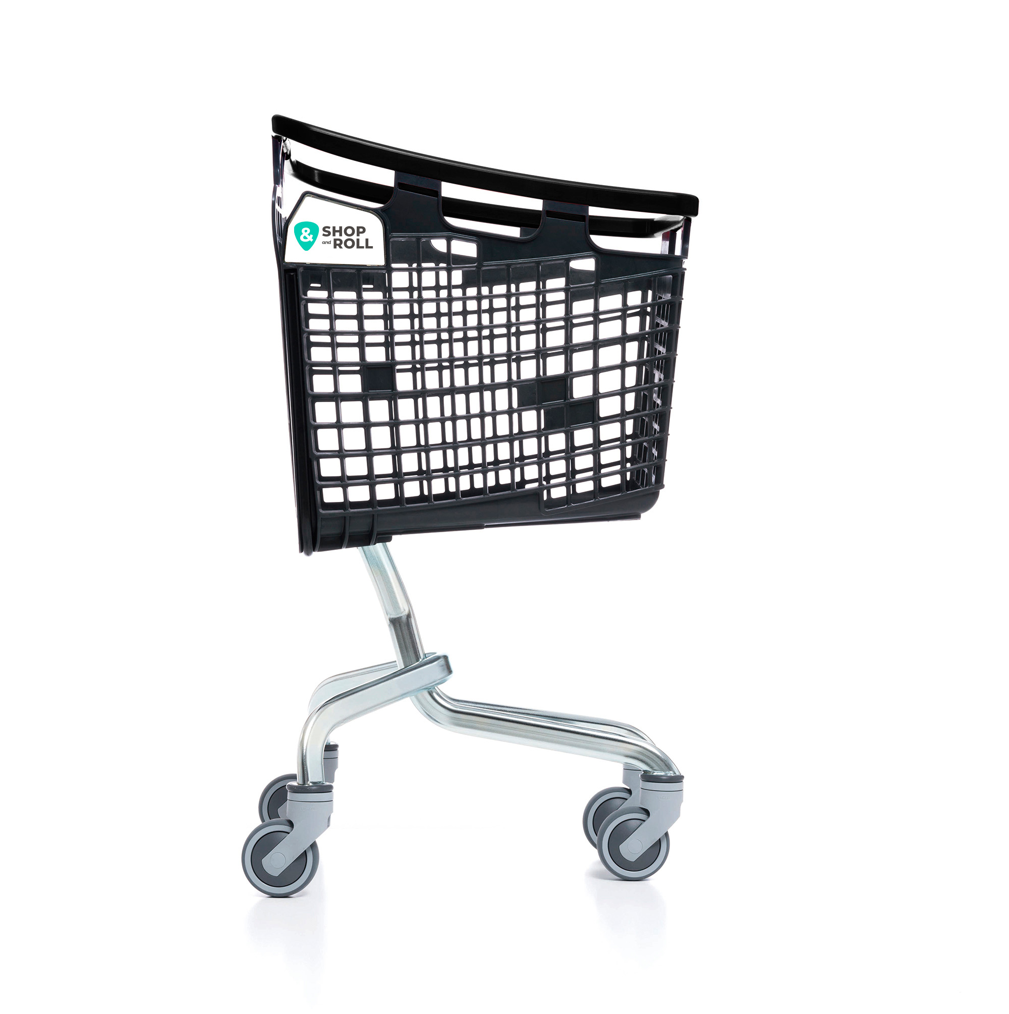 Compact black lightweight shopping cart with Tente wheels from Mid-America Store Fixtures – durable, ergonomic, and easy to maneuver, designed to enhance customer comfort and reduce theft, available now at 60% off retail price.