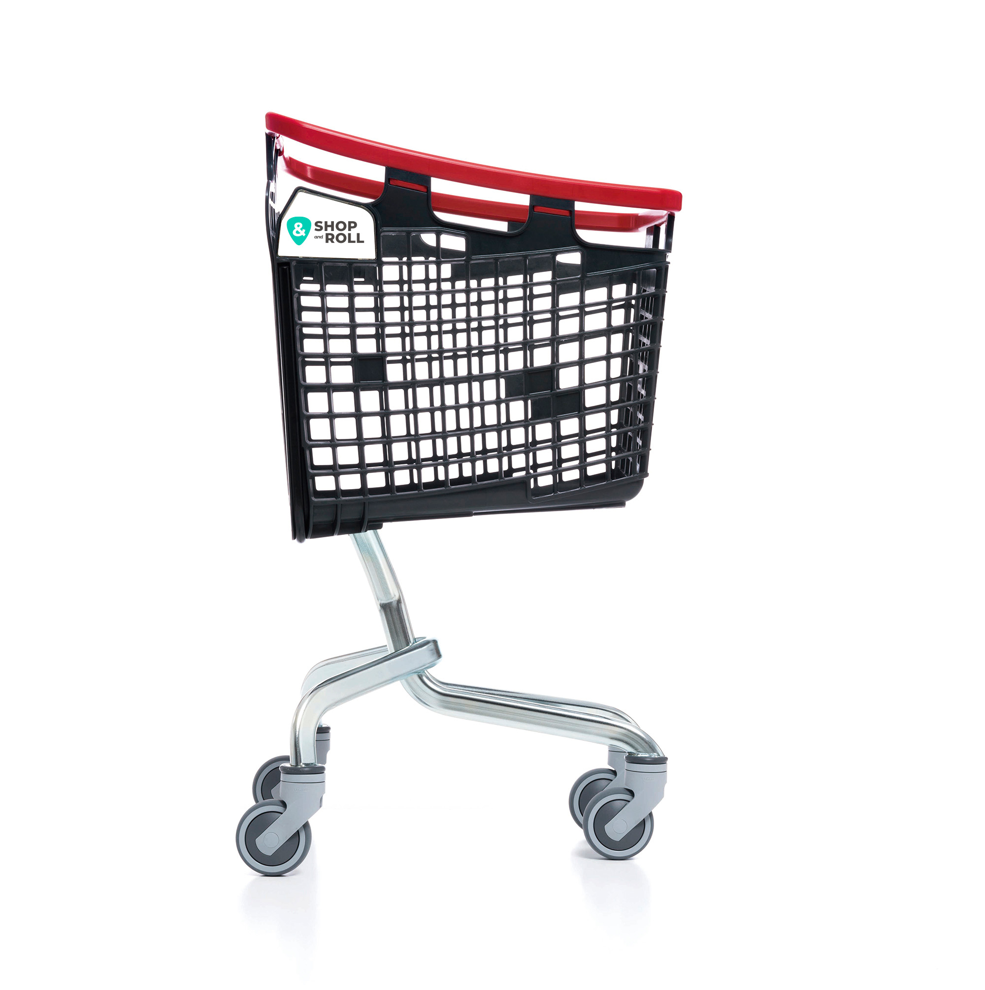 Compact red and black lightweight shopping cart with Tente wheels from Mid-America Store Fixtures – strong, ergonomic, and theft-resistant design that improves customer satisfaction, available now at 60% off retail price.