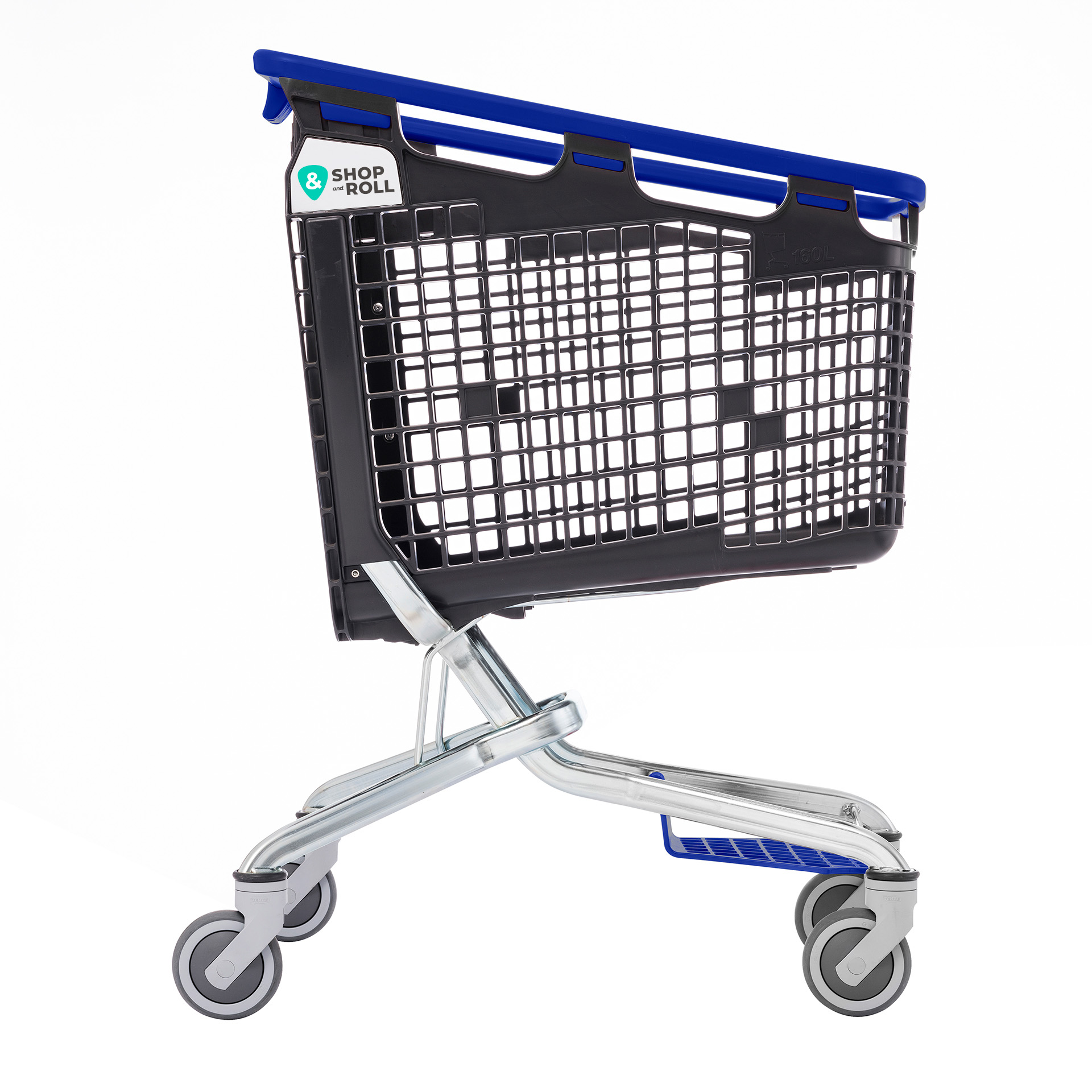 Blue and black mid-size shopping cart with Tente wheels from Mid-America Store Fixtures – premium lightweight cart designed for smooth mobility, durability, and customer comfort, available now at 60% off retail pricing.