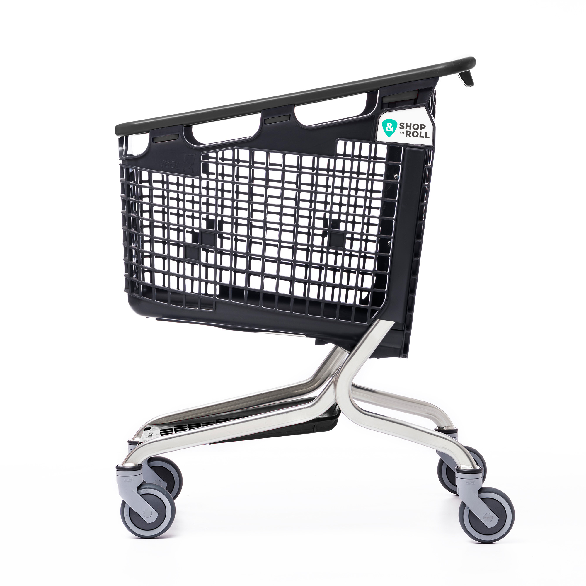 Black mid-size shopping cart with Tente wheels from Mid-America Store Fixtures – lightweight, durable, and easy to maneuver, offering the perfect balance of size, comfort, and functionality for any retail store, now available at 60% off.