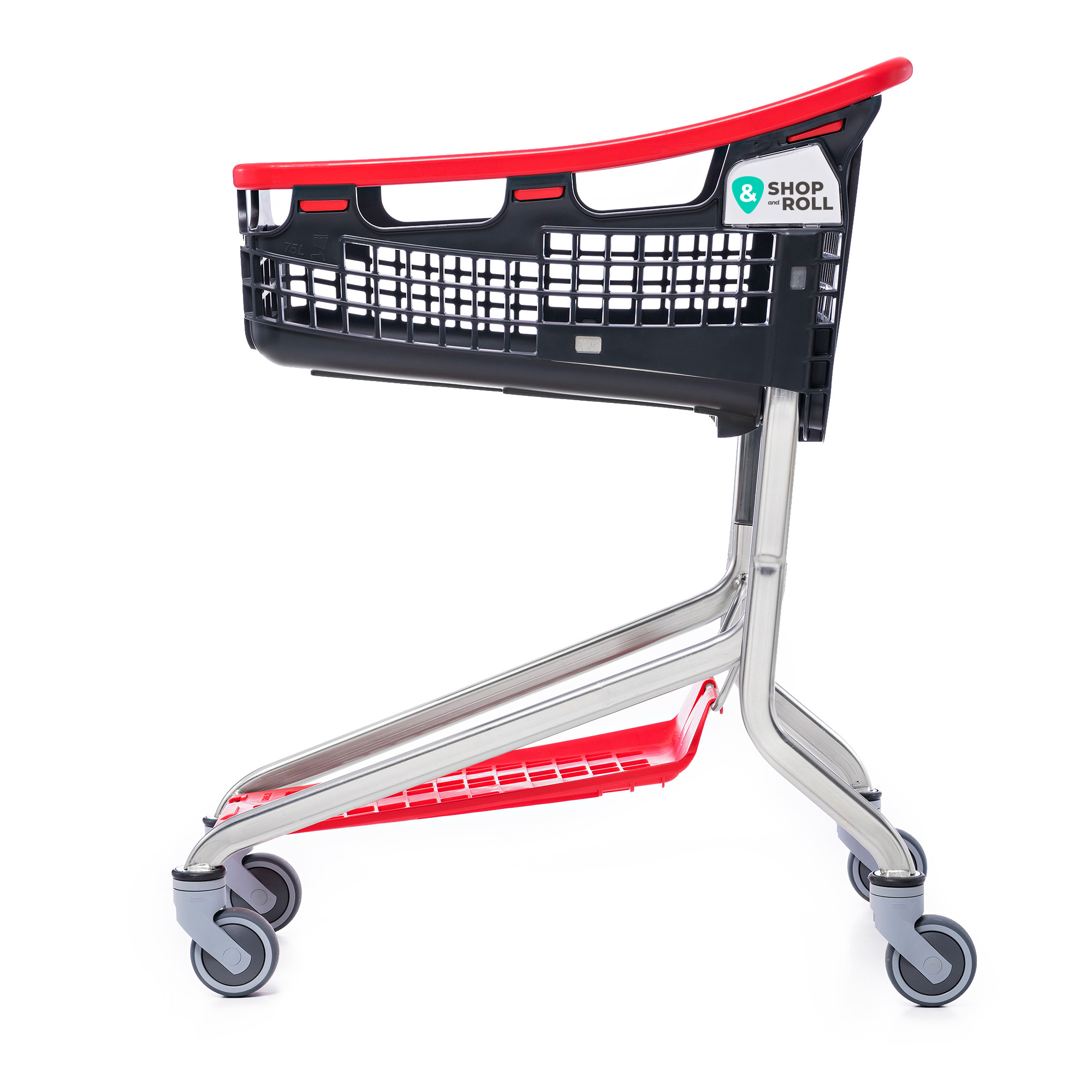 Red Compact LoopXS shopping cart with Tente wheels from Mid-America Store Fixtures – lightweight, durable, and easy-to-push cart designed for compact stores and modern retail environments, available now at 60% off retail price.