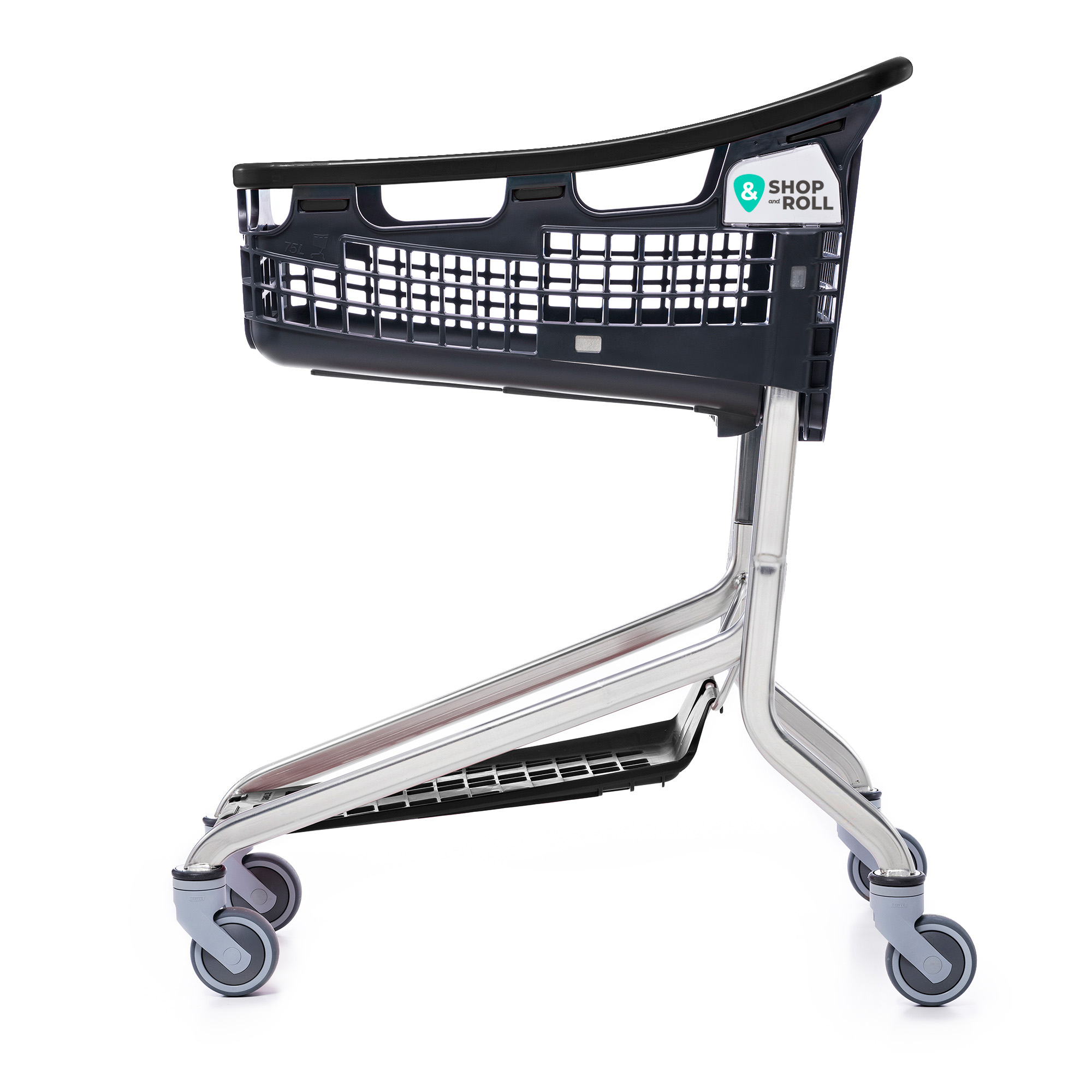 Black Compact LoopXS shopping cart with Tente wheels from Mid-America Store Fixtures – modern, lightweight, and space-saving design ideal for smaller retail stores, featuring smooth maneuverability and durable construction, available now at 60% off retail.
