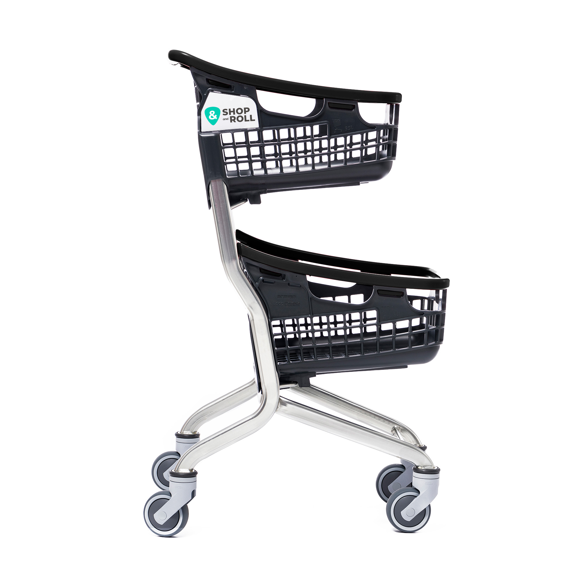 Black Loop Duo two-tier shopping cart with Tente wheels from Mid-America Store Fixtures – compact, durable, and easy-to-maneuver cart with dual baskets for efficient shopping and space-saving performance, available now at 60% off retail.