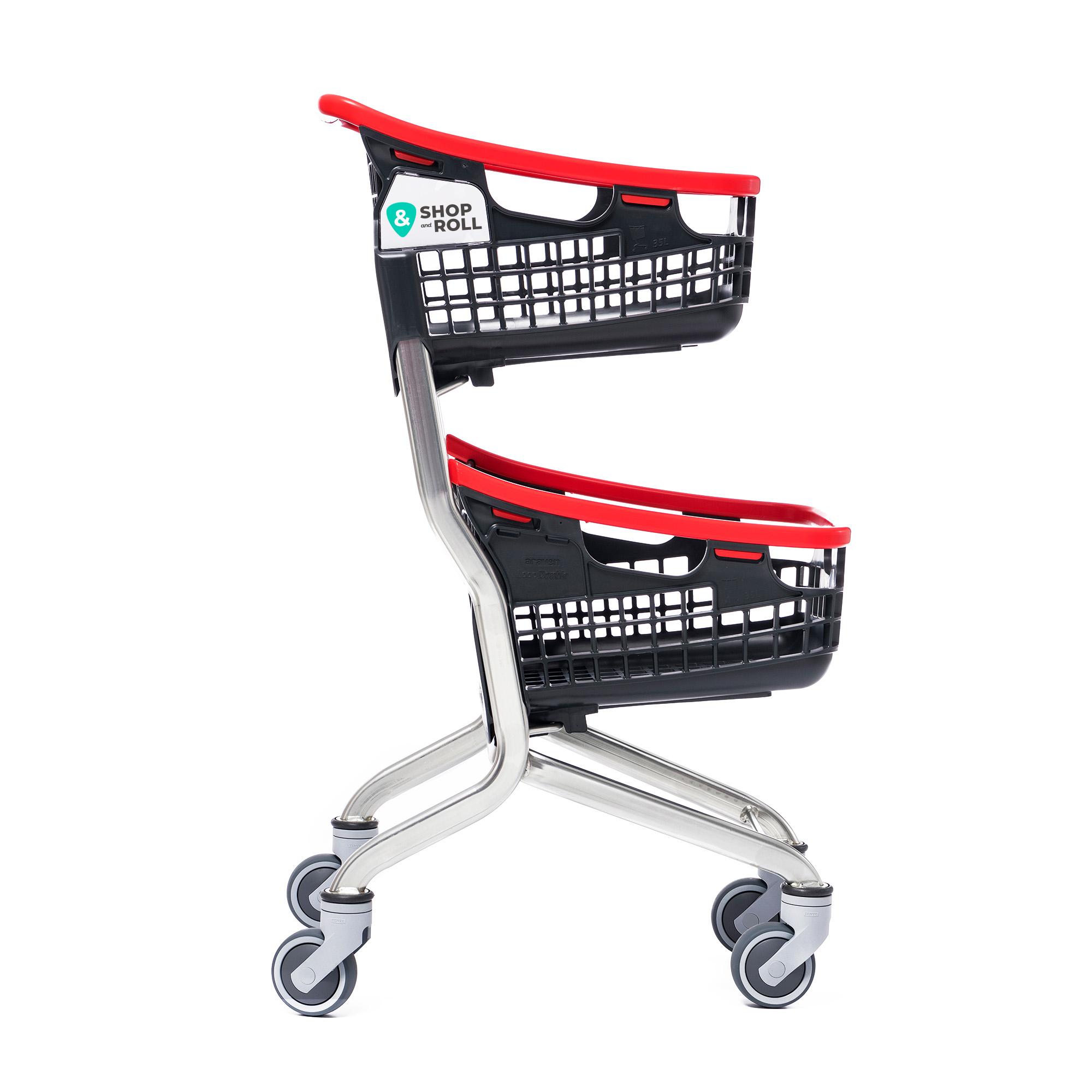 Red Loop Duo two-tier shopping cart with Tente wheels from Mid-America Store Fixtures – modern, lightweight cart with dual baskets and ergonomic design, perfect for compact stores, available now at 60% off retail.