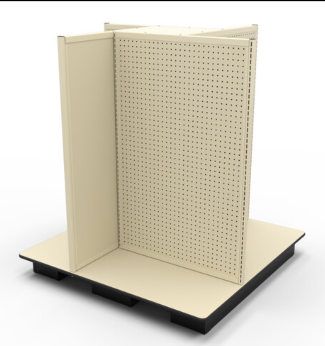 Tan Lozier 4-way merchandiser with pegboard panels for retail shelving, center store displays, and promotional merchandise. New store fixtures available from Mid-America Store Fixtures.