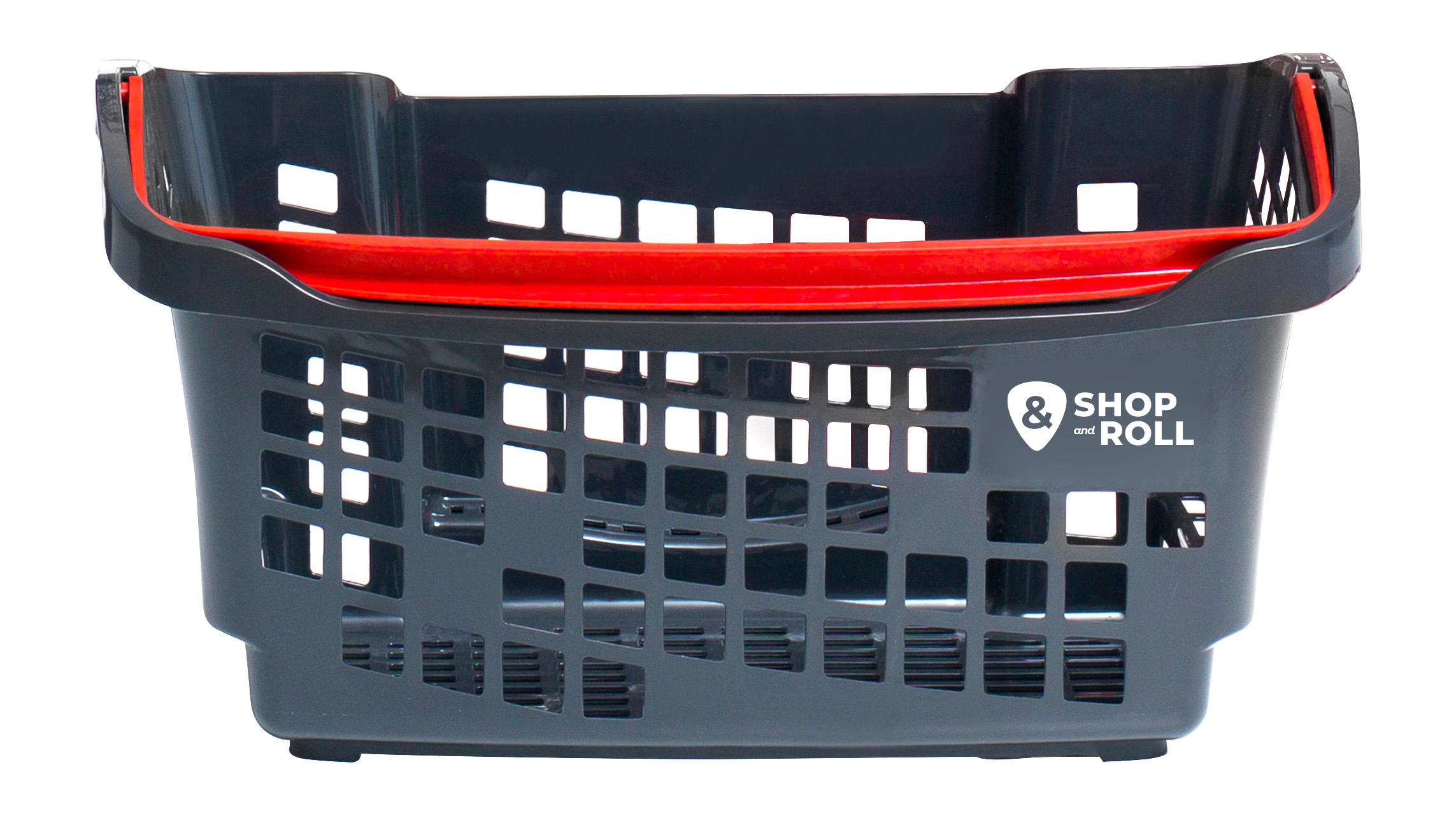 Dark gray rolling hand basket with a bright red handle and ventilated square-grid sides, featuring a Shop & Roll logo on the front — ideal for supermarkets, convenience stores, and retail shopping environments.