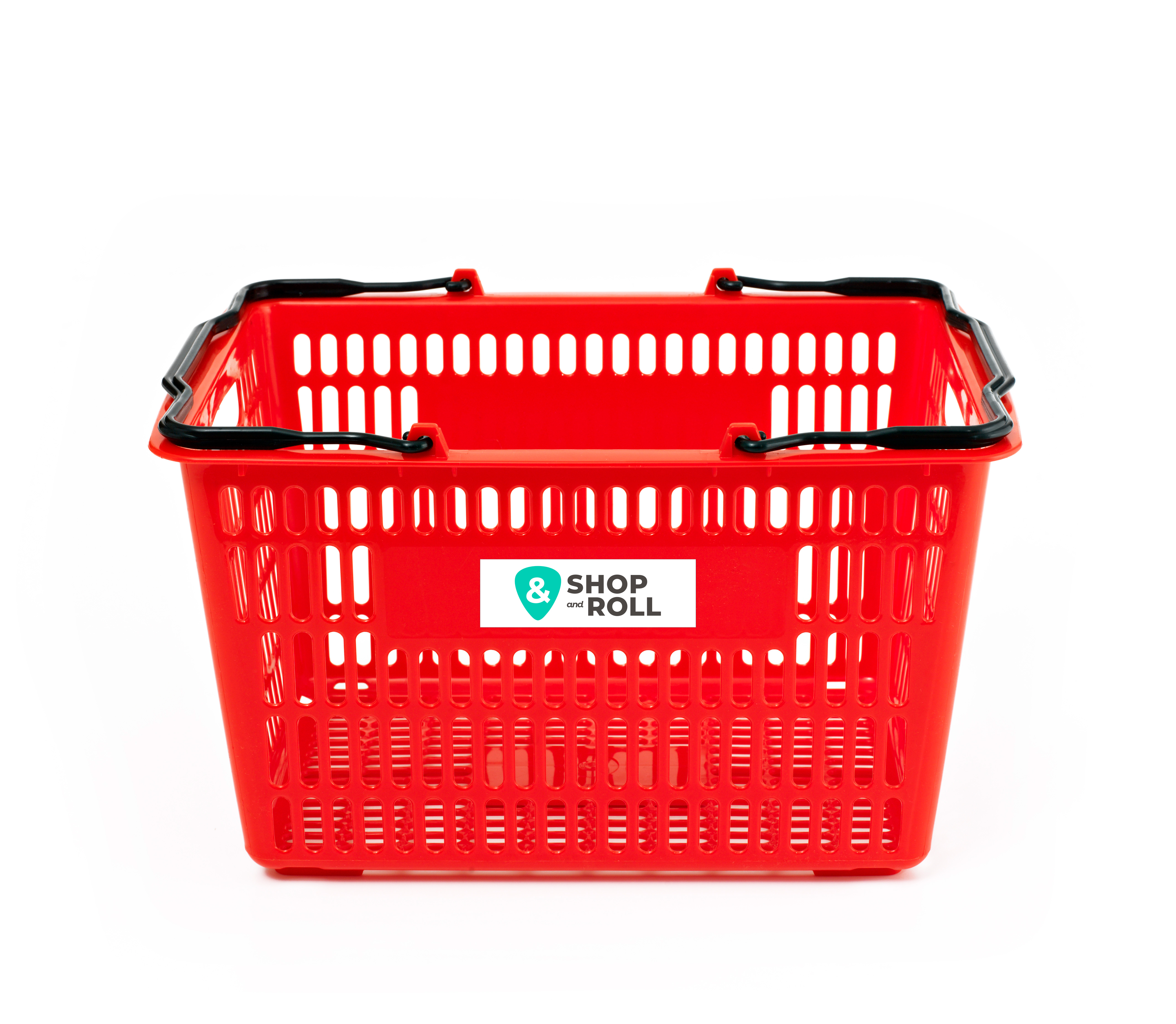 Red retail hand basket with two black handles and ventilated sides, featuring a Shop & Roll logo panel on the front — ideal for grocery stores, convenience stores, and general retail shopping.