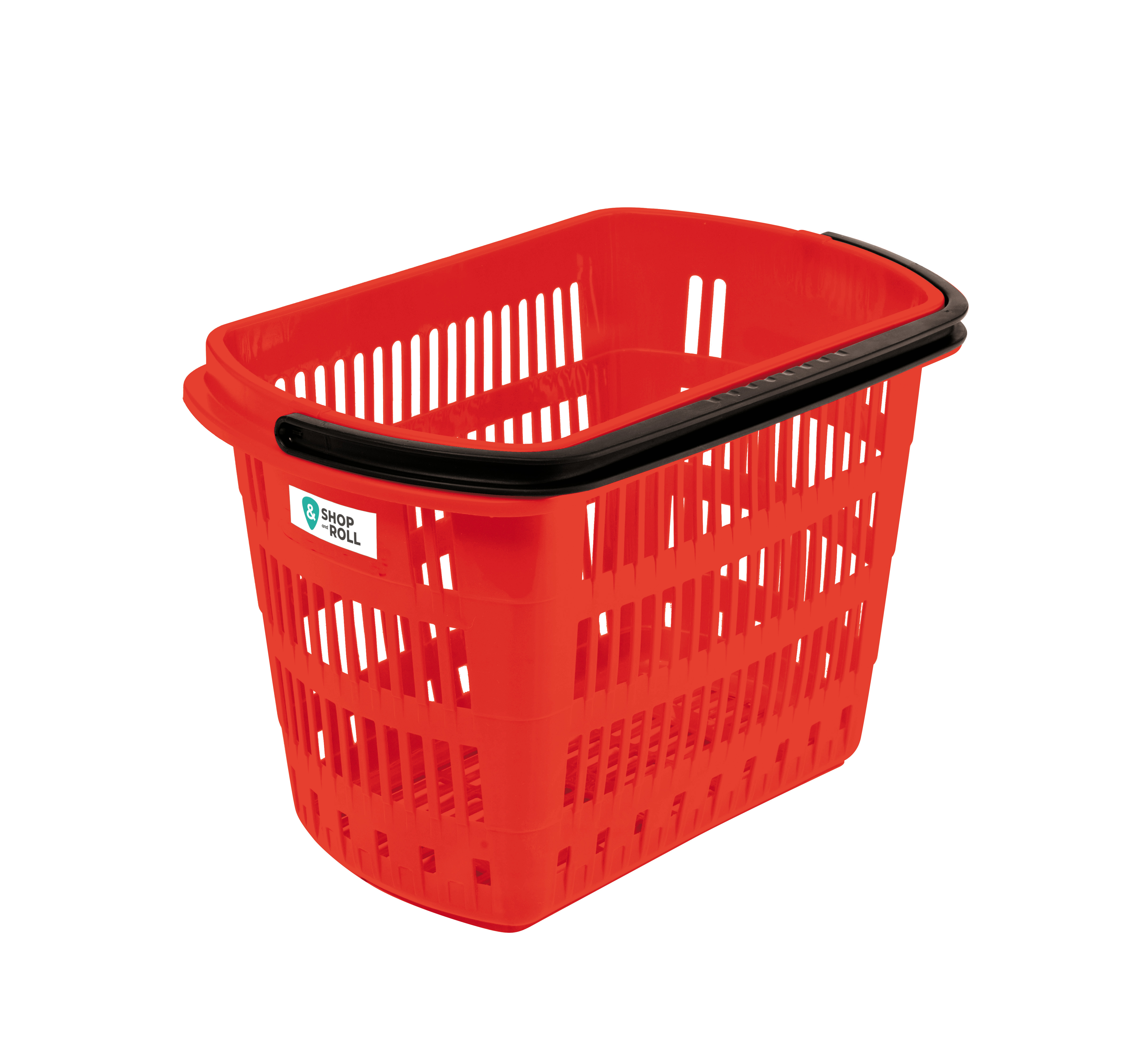 Red 30-liter retail hand basket with a single black handle and ventilated sides, featuring a Shop & Roll logo on the front — ideal for supermarkets, convenience stores, and general retail use.