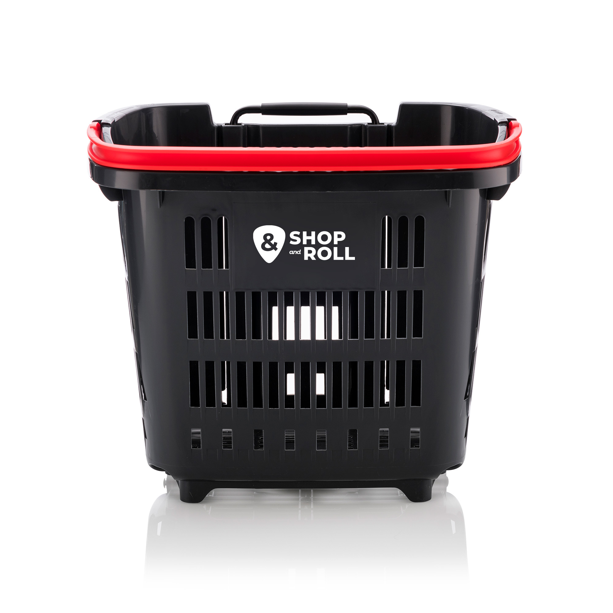 Black rolling shopping basket with a red trim handle and ventilated sides, displaying the Shop & Roll logo on the front — ideal for supermarkets, convenience stores, and high-traffic retail stores.