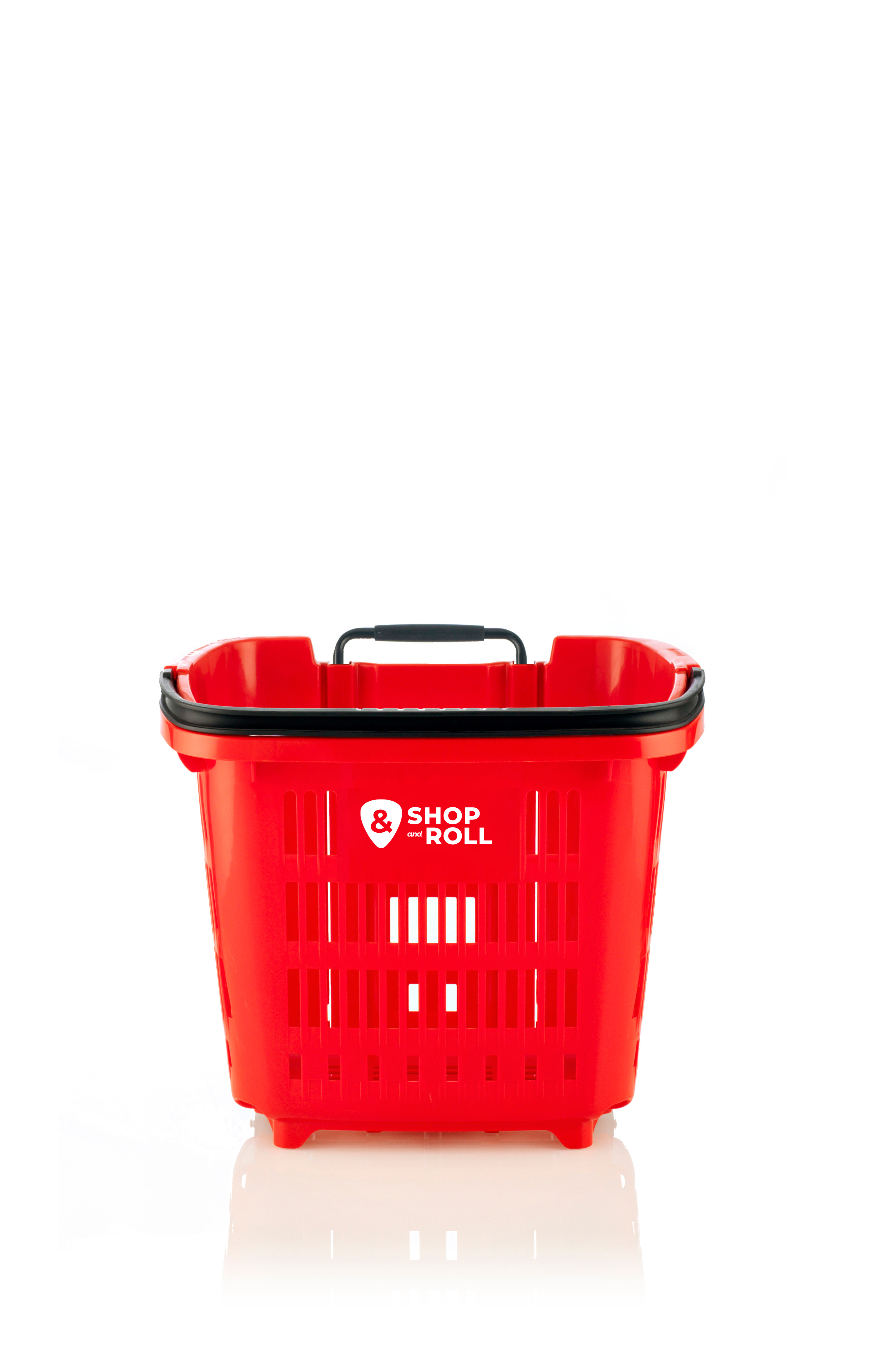 Red rolling shopping basket with black handle and ventilated sides, featuring the Shop & Roll logo on the front — designed for easy mobility in grocery stores, convenience stores, and retail environments.