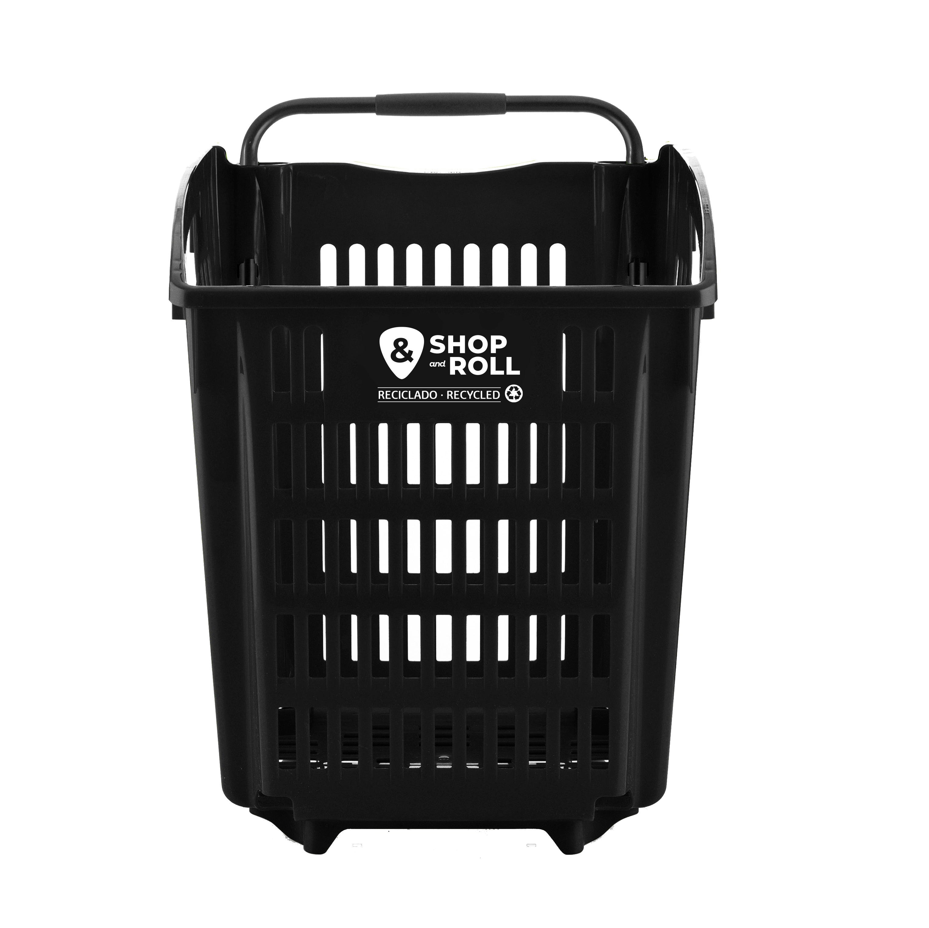 Black 52-liter rolling shopping basket made from recycled material, with a white handle and Shop & Roll logo on the front — ideal for eco-friendly supermarkets, convenience stores, and retail environments.