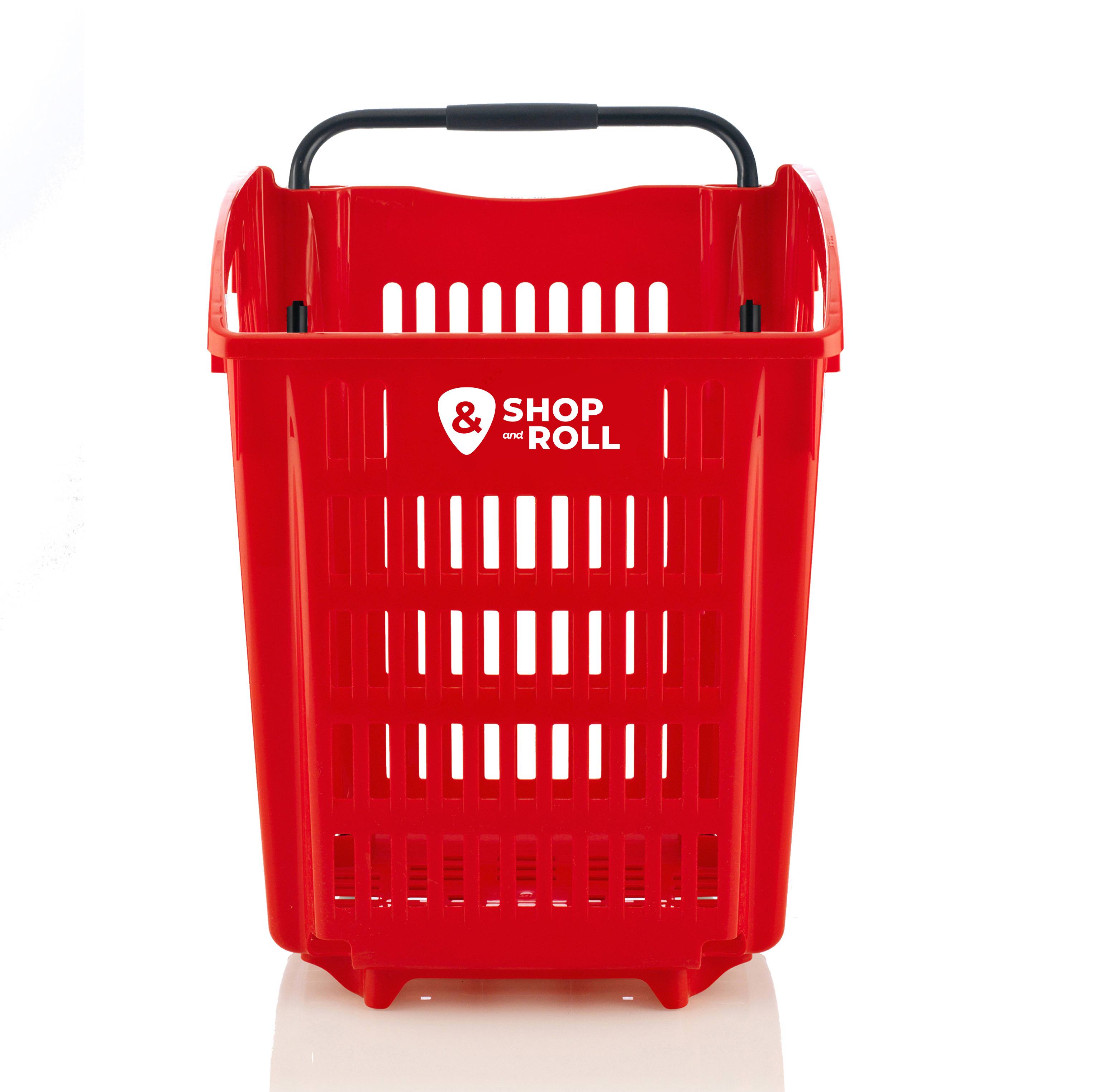 Red 52-liter rolling shopping basket with a black handle and ventilated sides, featuring the Shop & Roll logo on the front — designed for supermarkets, convenience stores, and high-volume retail use.
