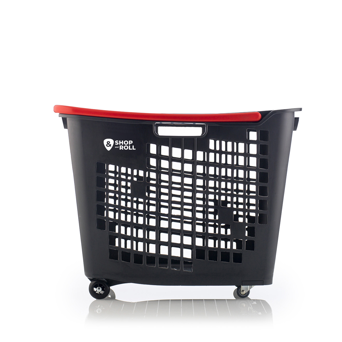 Black 55-liter rolling shopping basket with a red top rim, smooth wheels, and ventilated square-grid sides featuring the Shop & Roll logo — ideal for supermarkets, convenience stores, and retail stores.