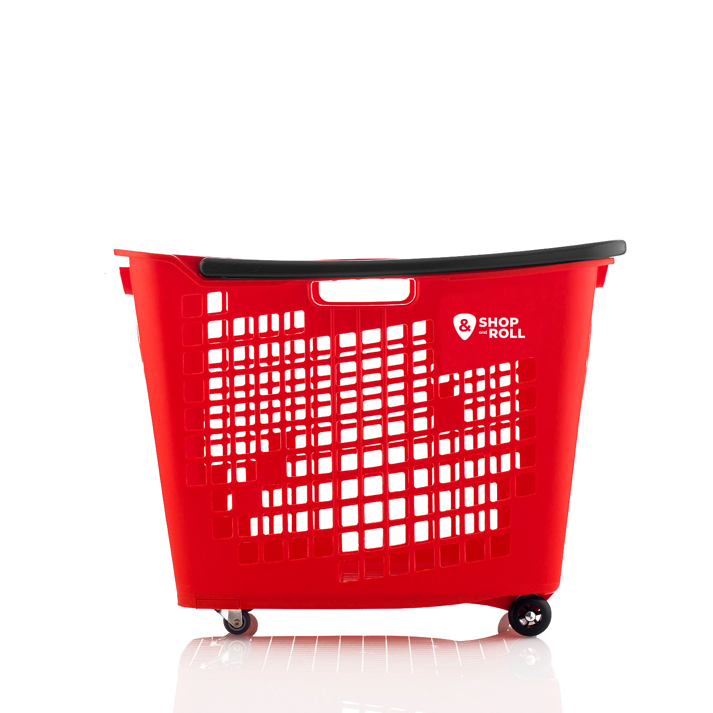 Red 55-liter rolling shopping basket with a black top rim, smooth wheels, and ventilated square-grid sides displaying the Shop & Roll logo — perfect for grocery stores, convenience stores, and high-traffic retail environments.
