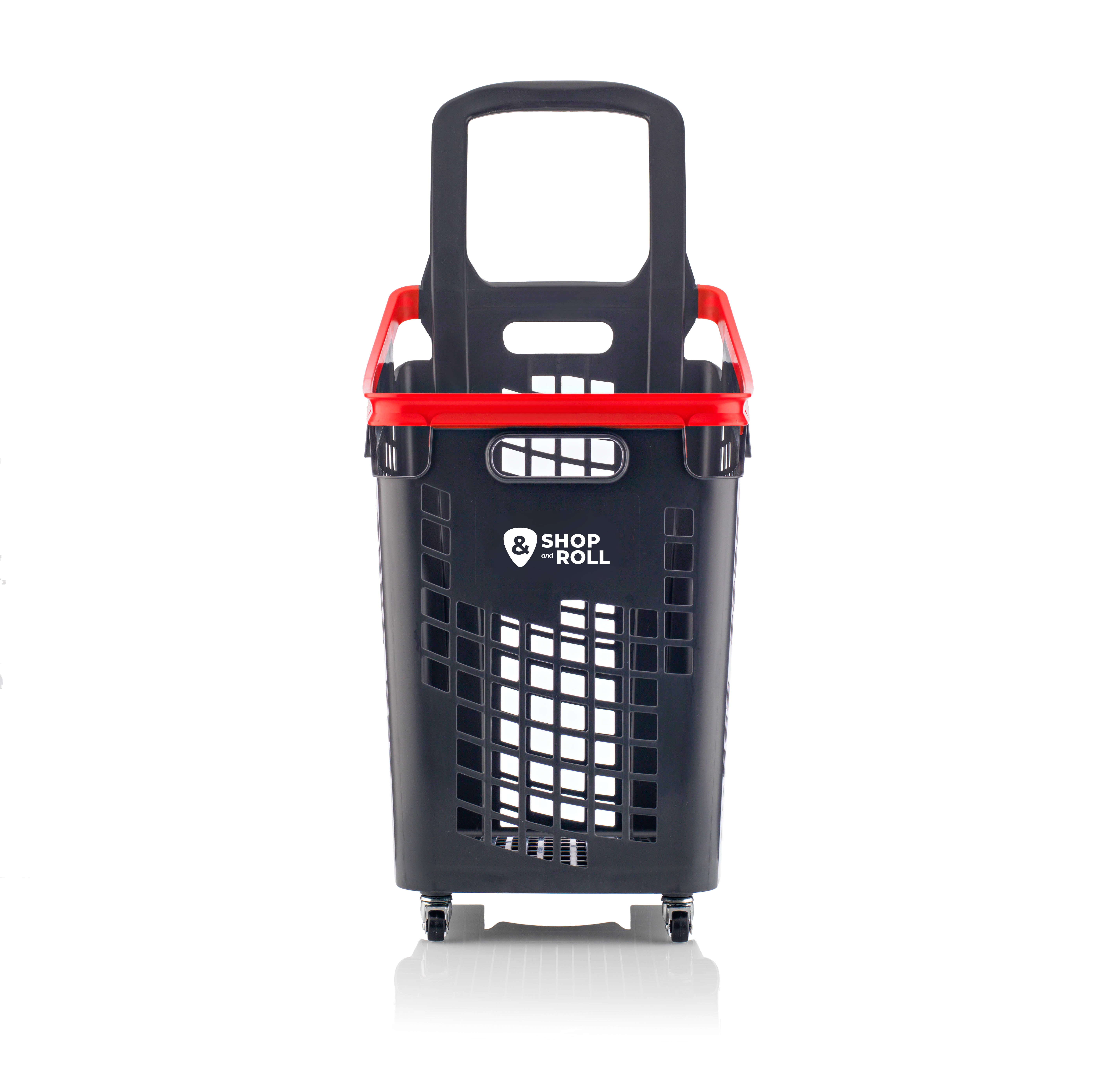 Black 65-liter rolling shopping basket with a red top rim and telescoping pull handle, featuring the Shop & Roll logo on the front — designed for supermarkets, convenience stores, and high-capacity retail shopping.
