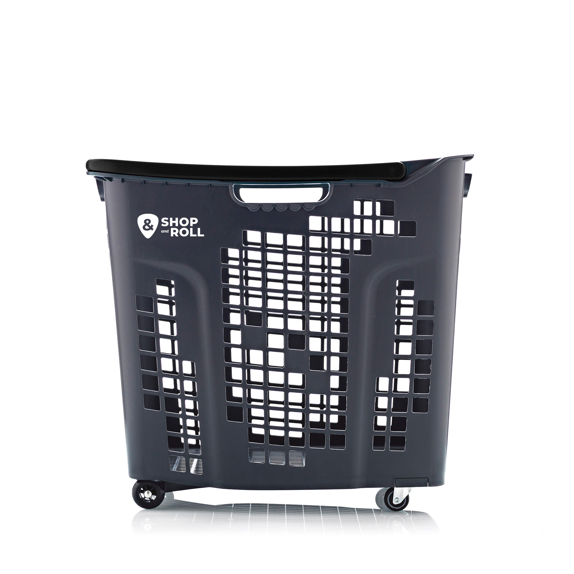 Black 80-liter rolling shopping basket with a black top rim and smooth caster wheels, designed with ventilated grid sides and the Shop & Roll logo — perfect for high-volume retail, grocery stores, and convenience stores