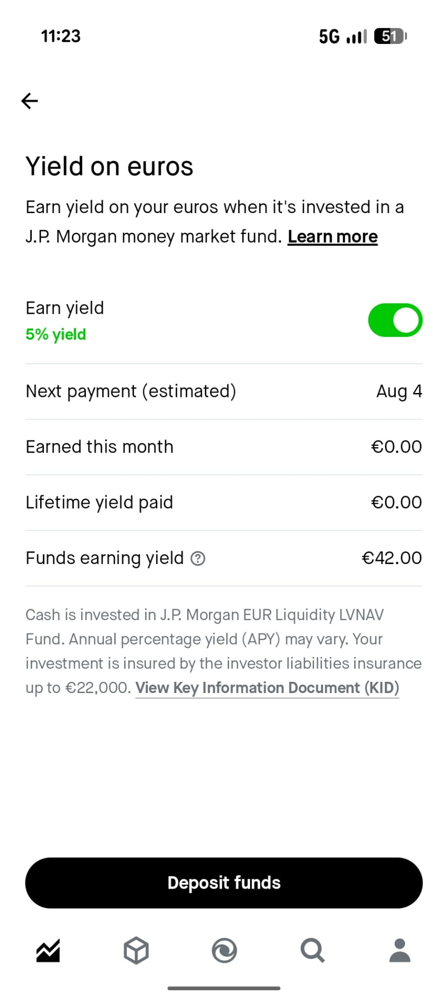 Robinhood account showing the balance invested in the JP Morgan money market fund