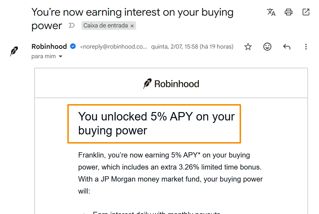 Robinhood email announcing 5% APY on euro cash