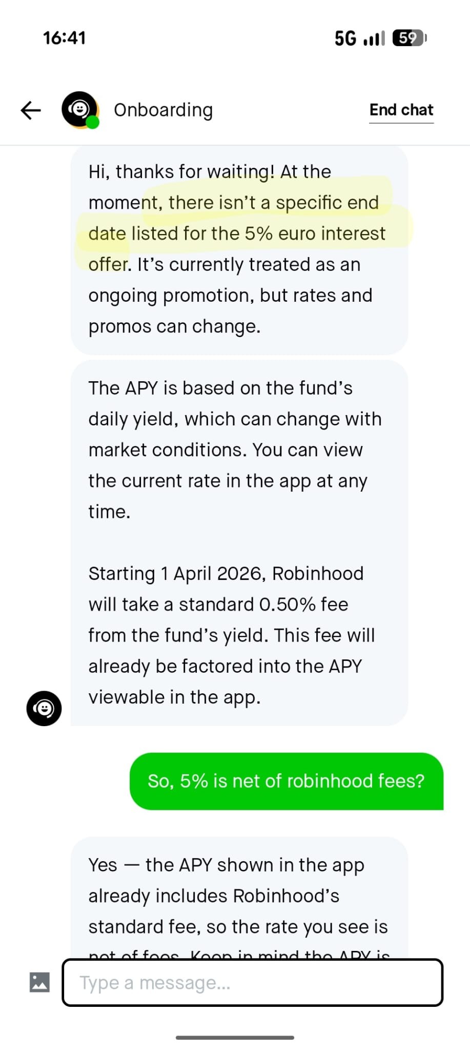 Contacting Robinhood support about the end date of the 5% offer