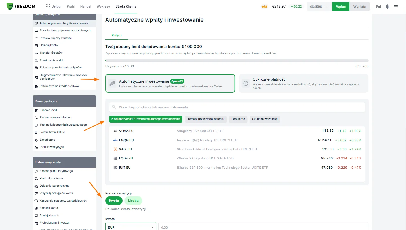 Plan automatycznego inwestowania w ETF-y na platformie Freedom24