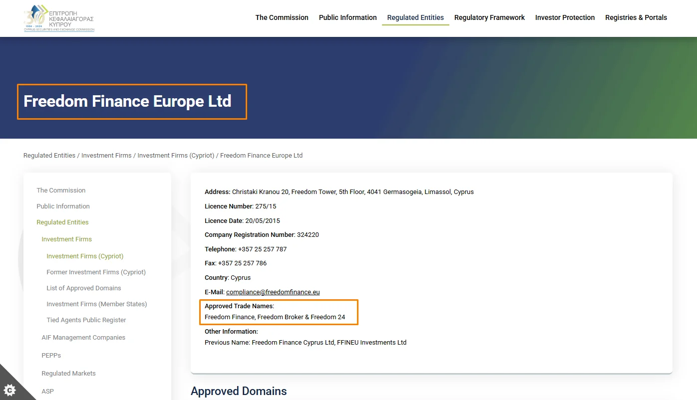 Wpis Freedom Finance Europe Ltd w rejestrze CySEC