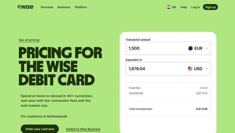 Wise card fee calculator for spending 1,500 EUR in US dollars