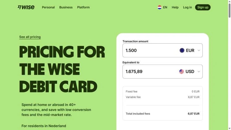 Kaartkosten-calculator van Wise voor 1.500 EUR in Amerikaanse dollars