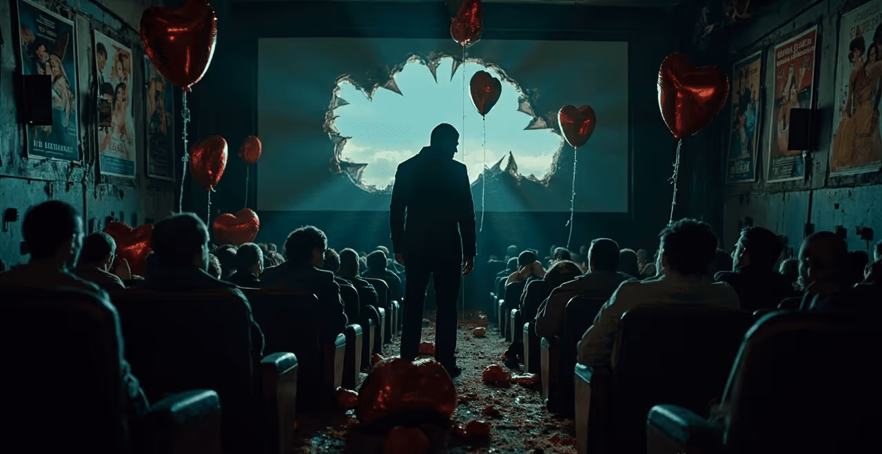 يقف رجل في مسرح سينمائي مدمّر، وحيداً، محاطاً ببالونات مكسورة على شكل قلب وملصقات حب باهتة. يجلس رجال آخرون في المسرح مفتونين.