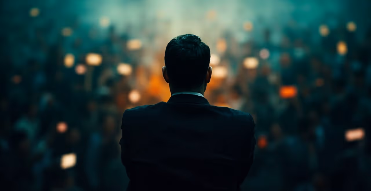 متحدث جذاب على خشبة المسرح محاطاً بحشد من الرجال يحتشدون نحوه في يأس.