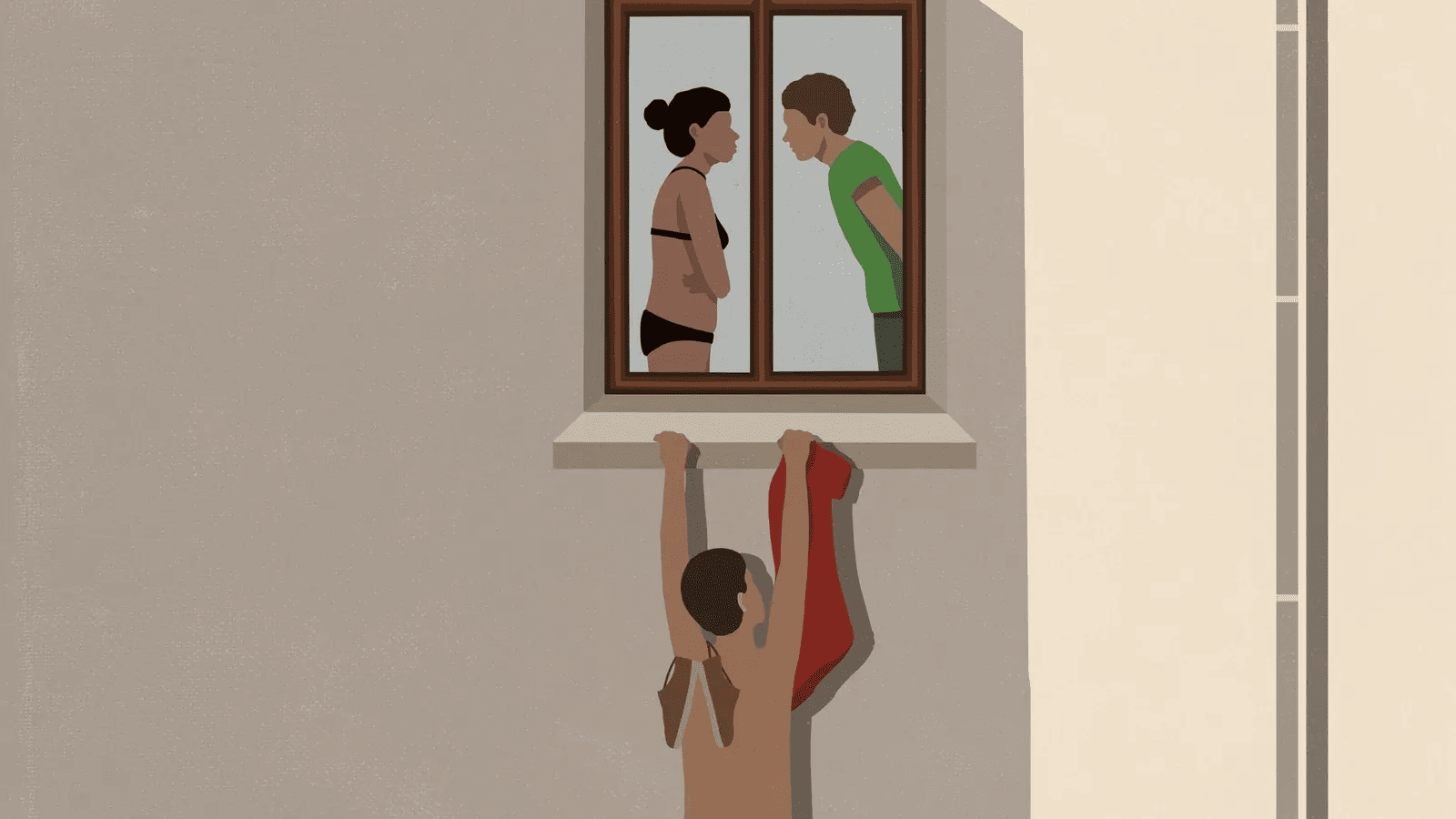 Boyfriend catches his girlfriend in the act of cheating, whilst the man she cheated on is hanging on the window ledge to not get caught