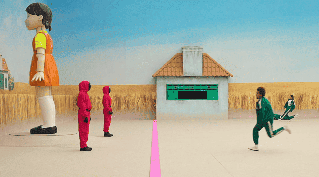 Picture of the Red Light Green Light Game from Squid Games men running towards the finish line