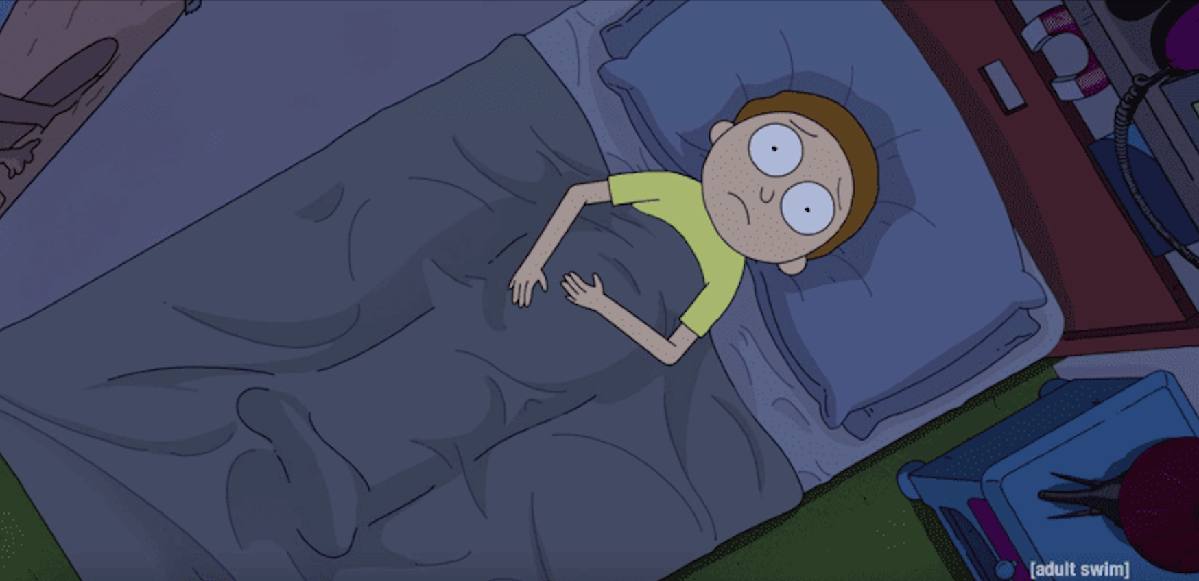 Morty from Rick and Morty laying in bed thinking about the girl he likes 