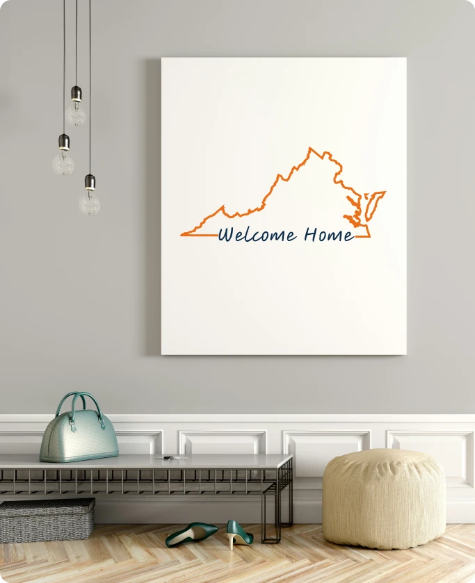 The interior of a home purchased with down payment assistance with a picture of Virginia on the wall.