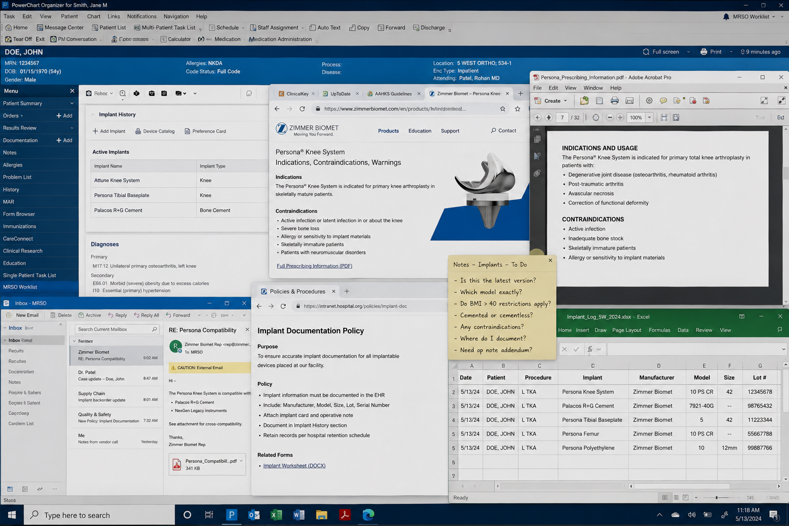 A cluttered clinical desktop with many overlapping windows, PDFs, and spreadsheets