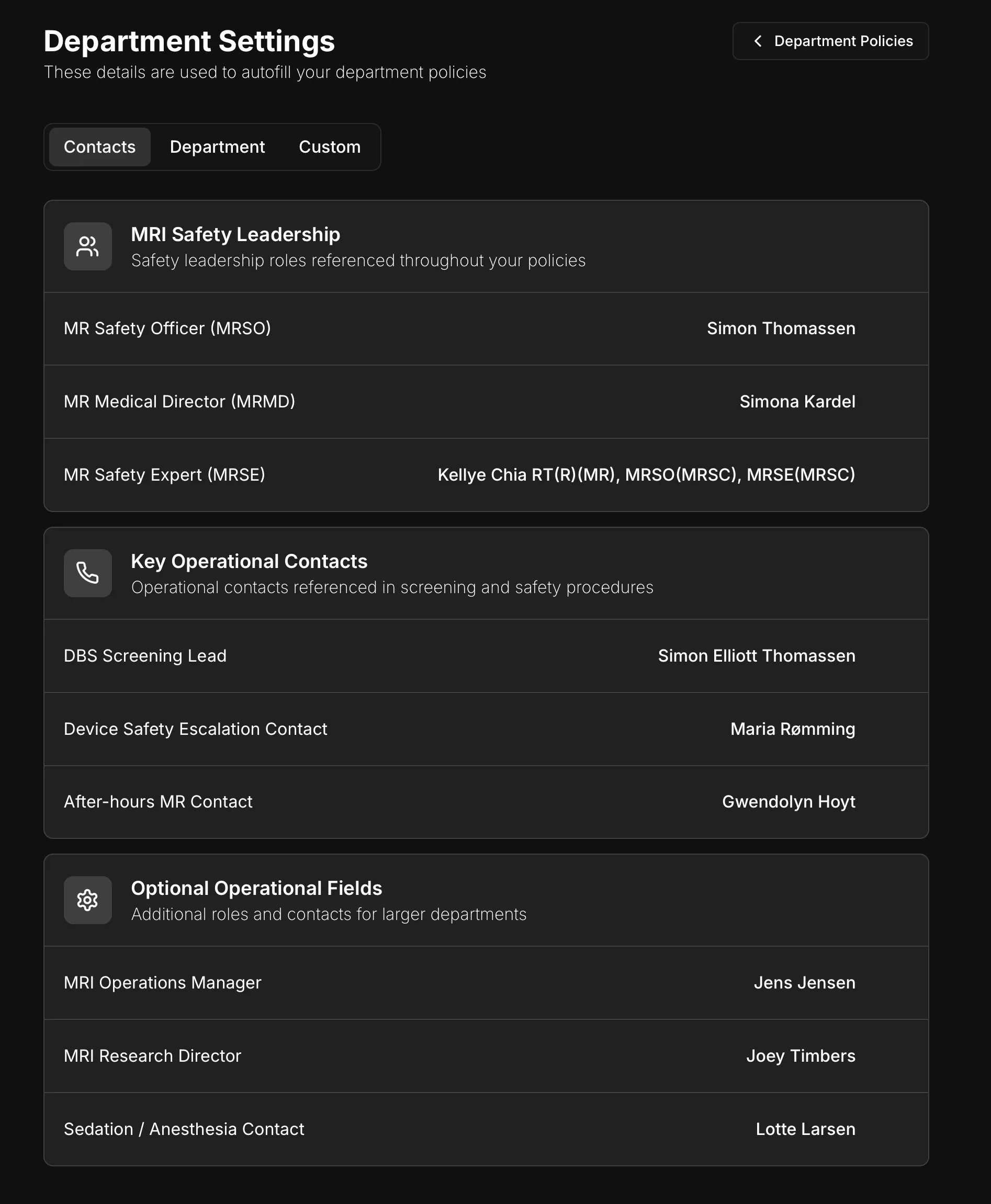 Department safety contacts and escalation