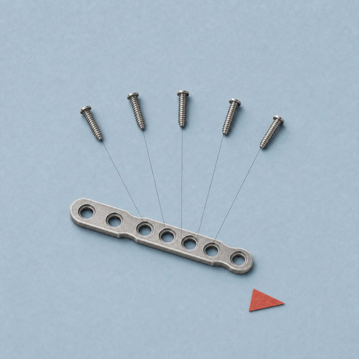 Metal fixation plate with six screws aligned above each hole on a blue background.