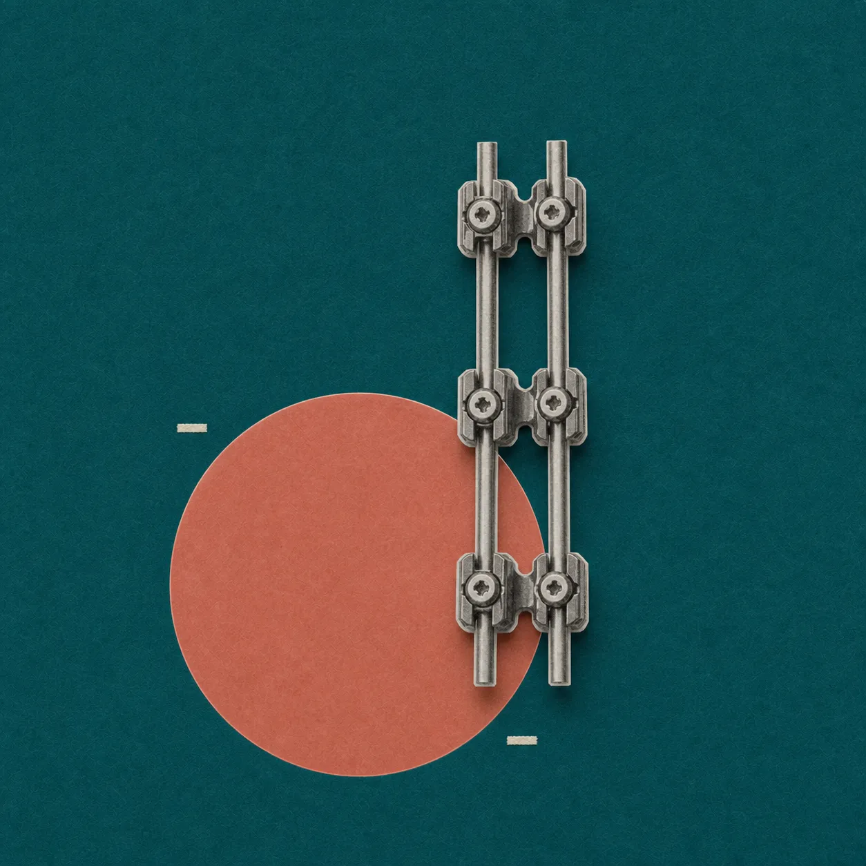 Two parallel metal rods with six clamps, displayed over a green background and a red circle.