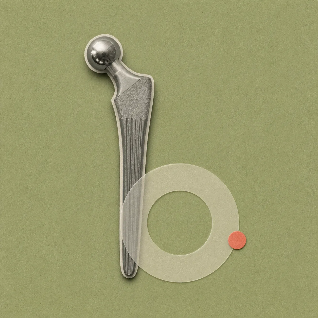 Metal hip implant prosthesis against a textured olive green background with a translucent ring and red dot.