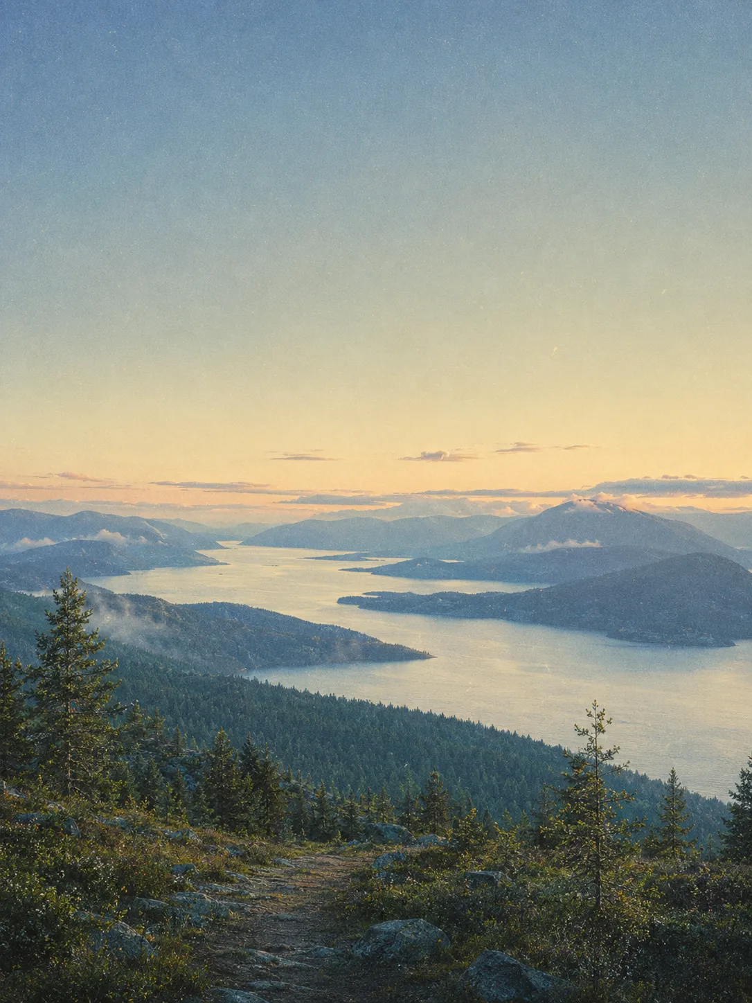 A calm Nordic fjord landscape at dawn