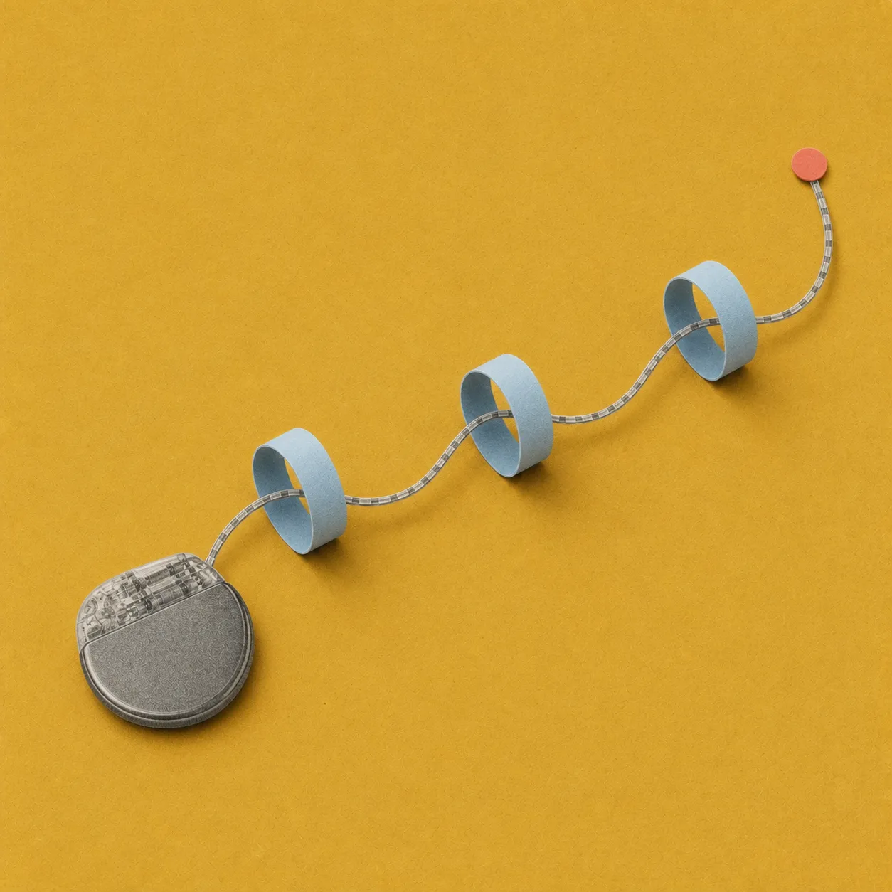 Medical neurostimulator device with connected wire coiled by three blue loops on a yellow background.