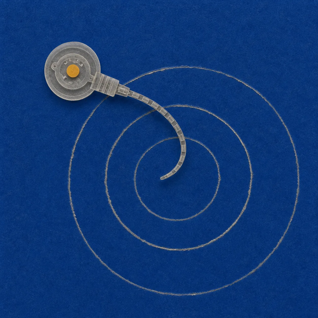 Transparent cochlear implant component with spiral electrode array on blue background.